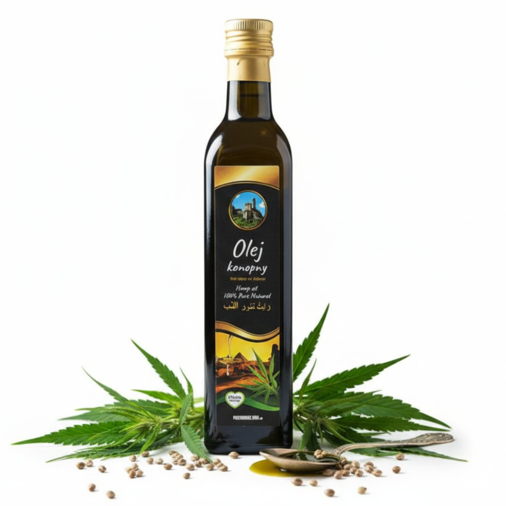 Zielonkawy olej konopny w szklanej butelce, bogaty w kwasy Omega 3 i 6, idealny do diety dr Budwig.