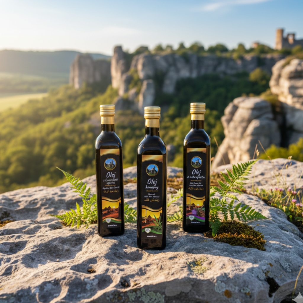 Kolekcja świeżych olejów tłoczonych na zimno – naturalne oleje lniany, rzepakowy i z czarnuszki od polskiego producenta.