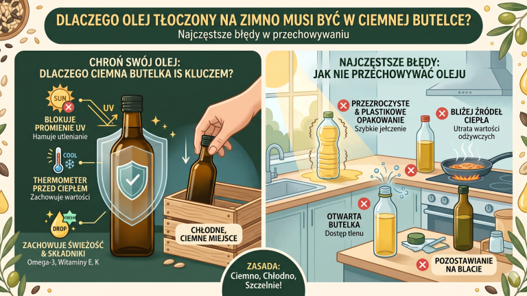 Dlaczego olej tłoczony na zimno musi być w ciemnej butelce? Najczęstsze błędy w przechowywaniu