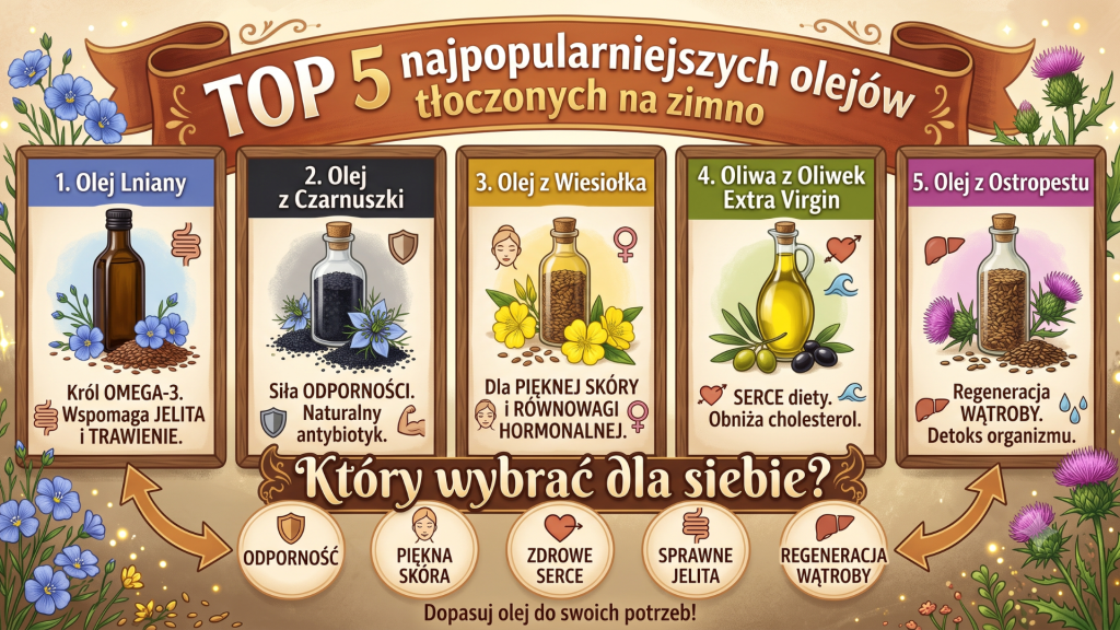 TOP 5 Olejów na zdrowie: Czarnuszka, Len, Wiesiołek, Ostropest, Dynia