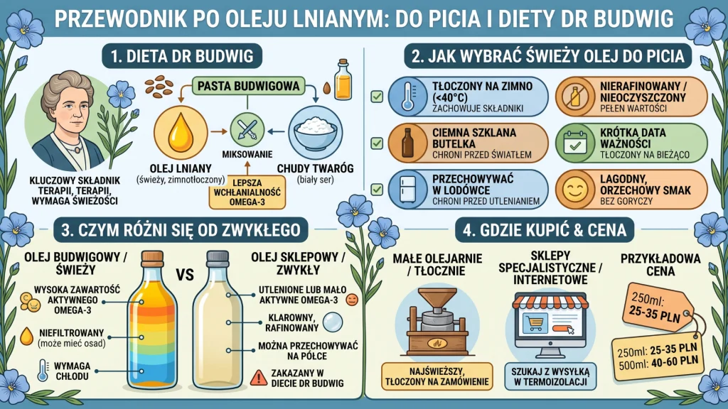 Jaki olej lniany do picia i diety Budwig wybrać? Cena i gdzie kupić